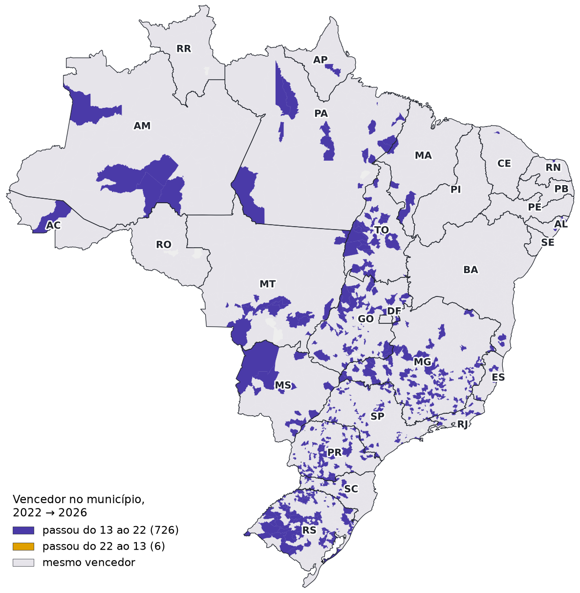 Mapa do Brasil com os 726 municípios que passaram do 13 ao 22 entre 2022 e 2026